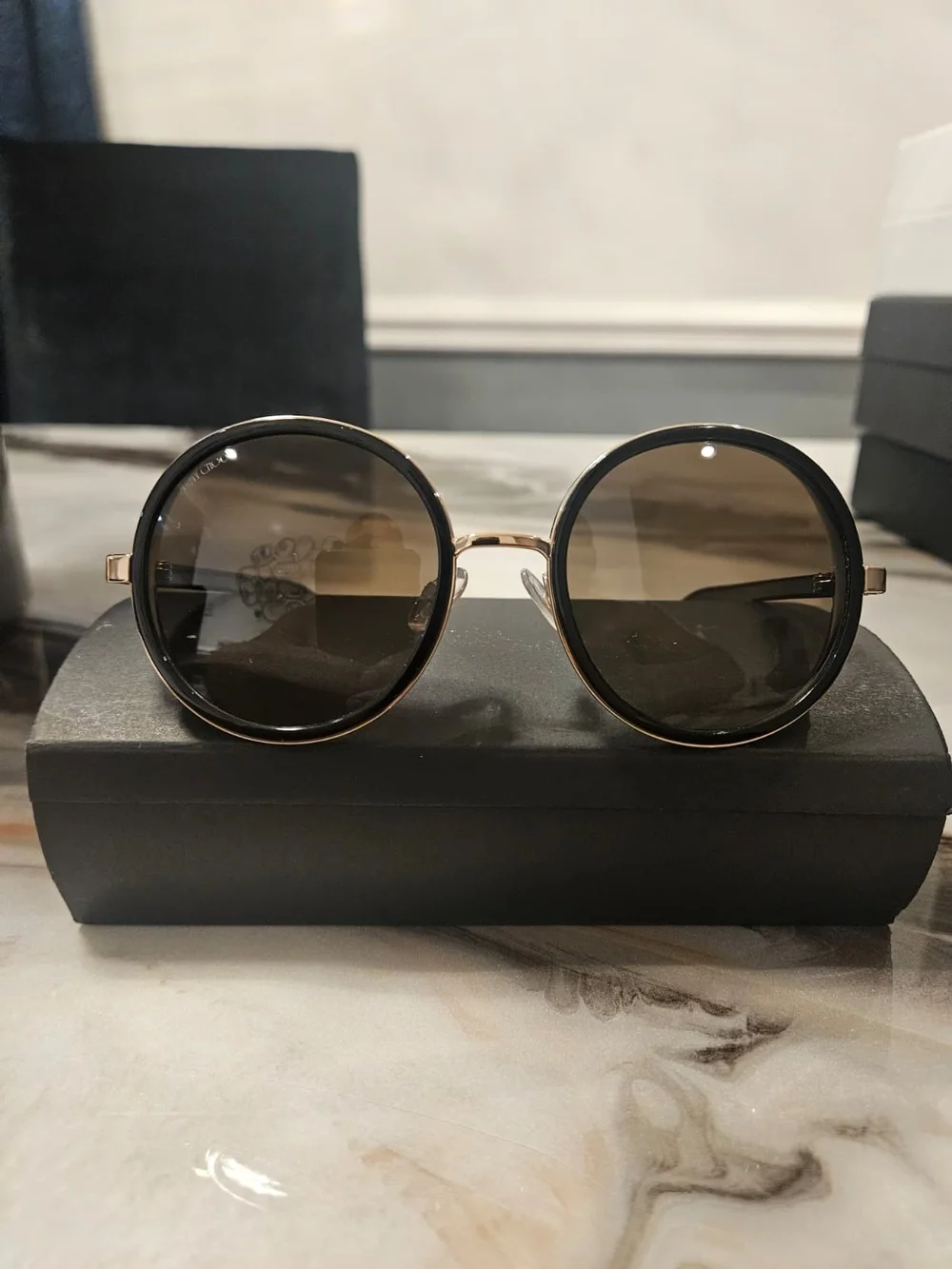 Jimmy Choo Black & Gold Round Sunglasses with Glitter Side Panels